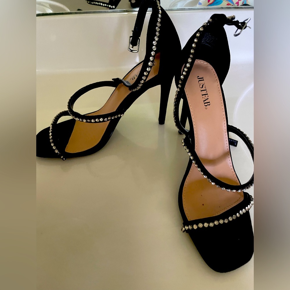 Black Strappy Rhinestone Heels